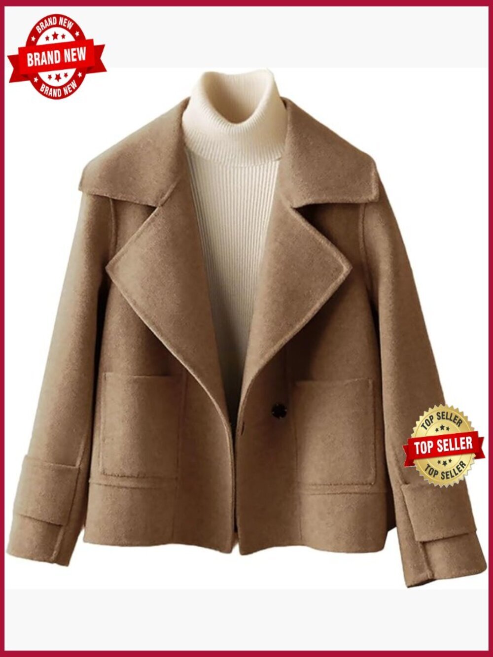 Short Wool Pea Coat Notched Lapel Cropped Trench with Pockets